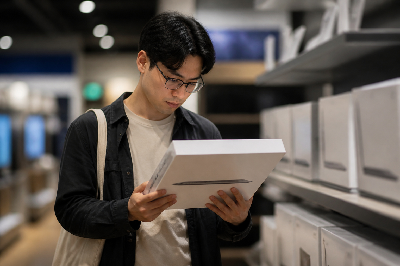Shopper inspecting a laptop box in a store