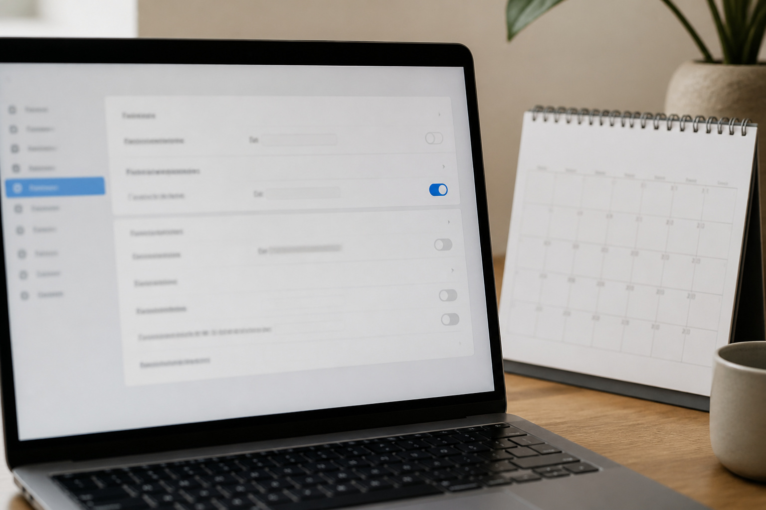 Laptop on a desk next to a wall calendar, representing an update expiration date