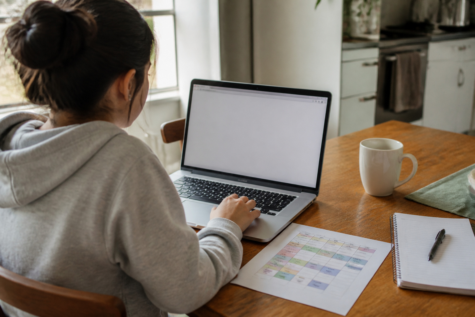 Student using a laptop at a table next to a printed schedule