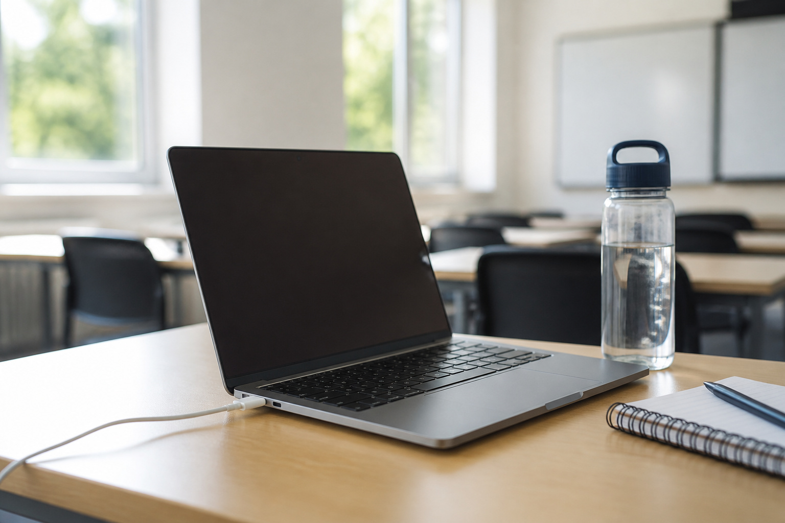 Compact laptop with a charging cable on a classroom desk