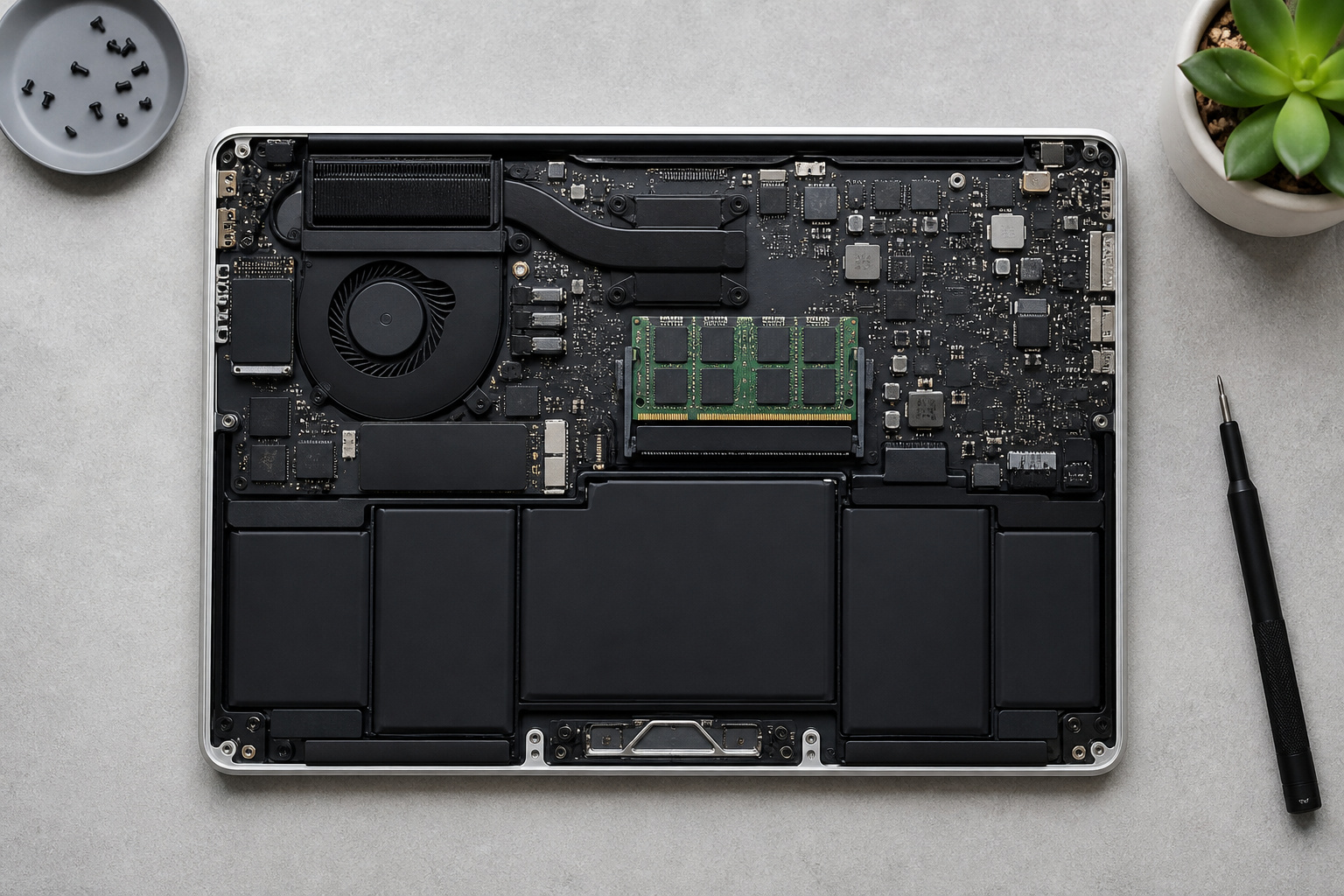 Opened laptop showing the memory module and circuit board