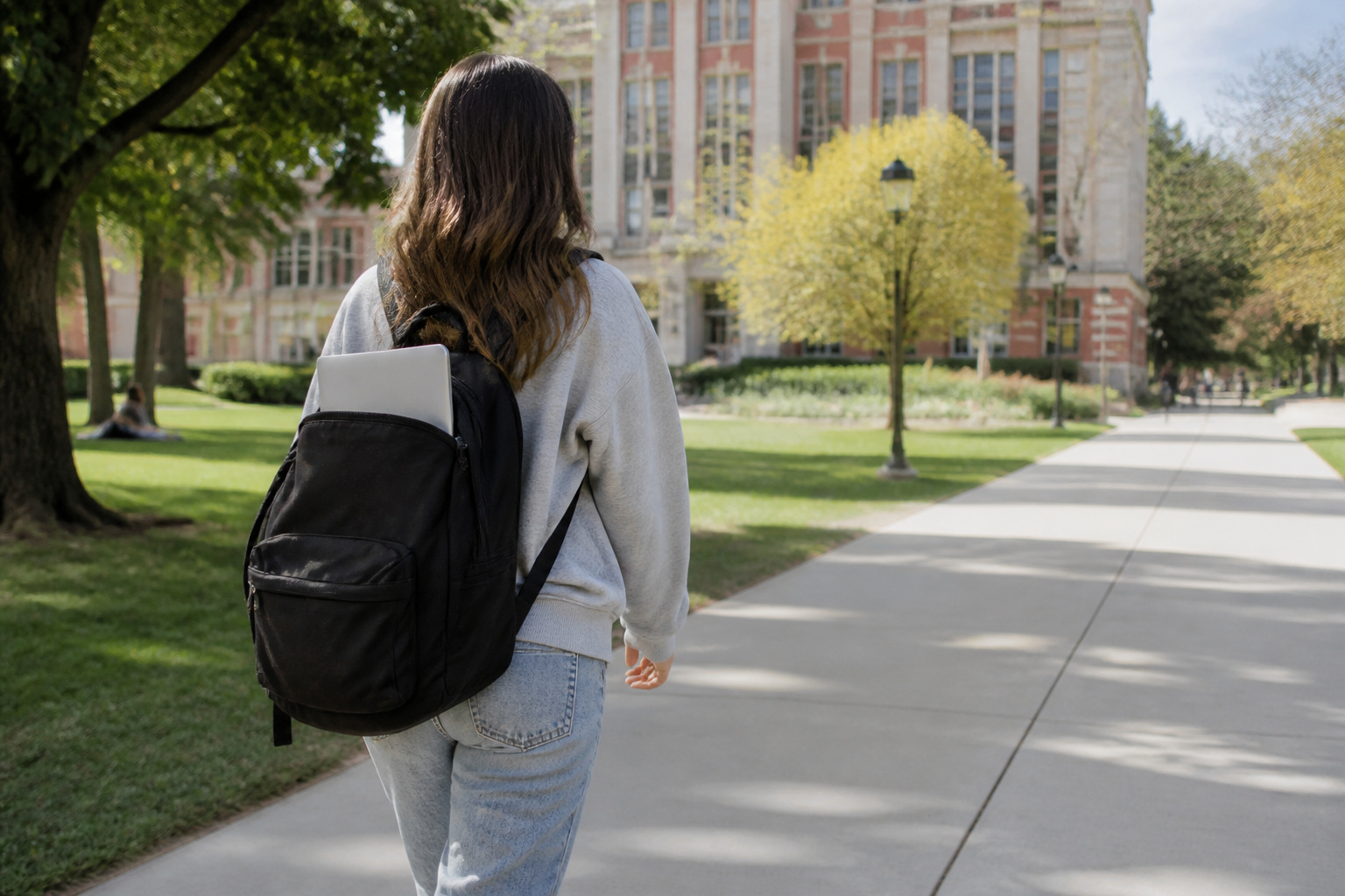 Student walking across campus with a laptop in a backpack
