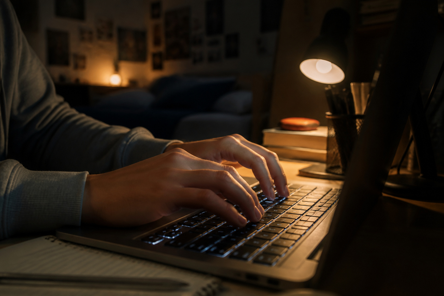Hands typing on a backlit laptop keyboard