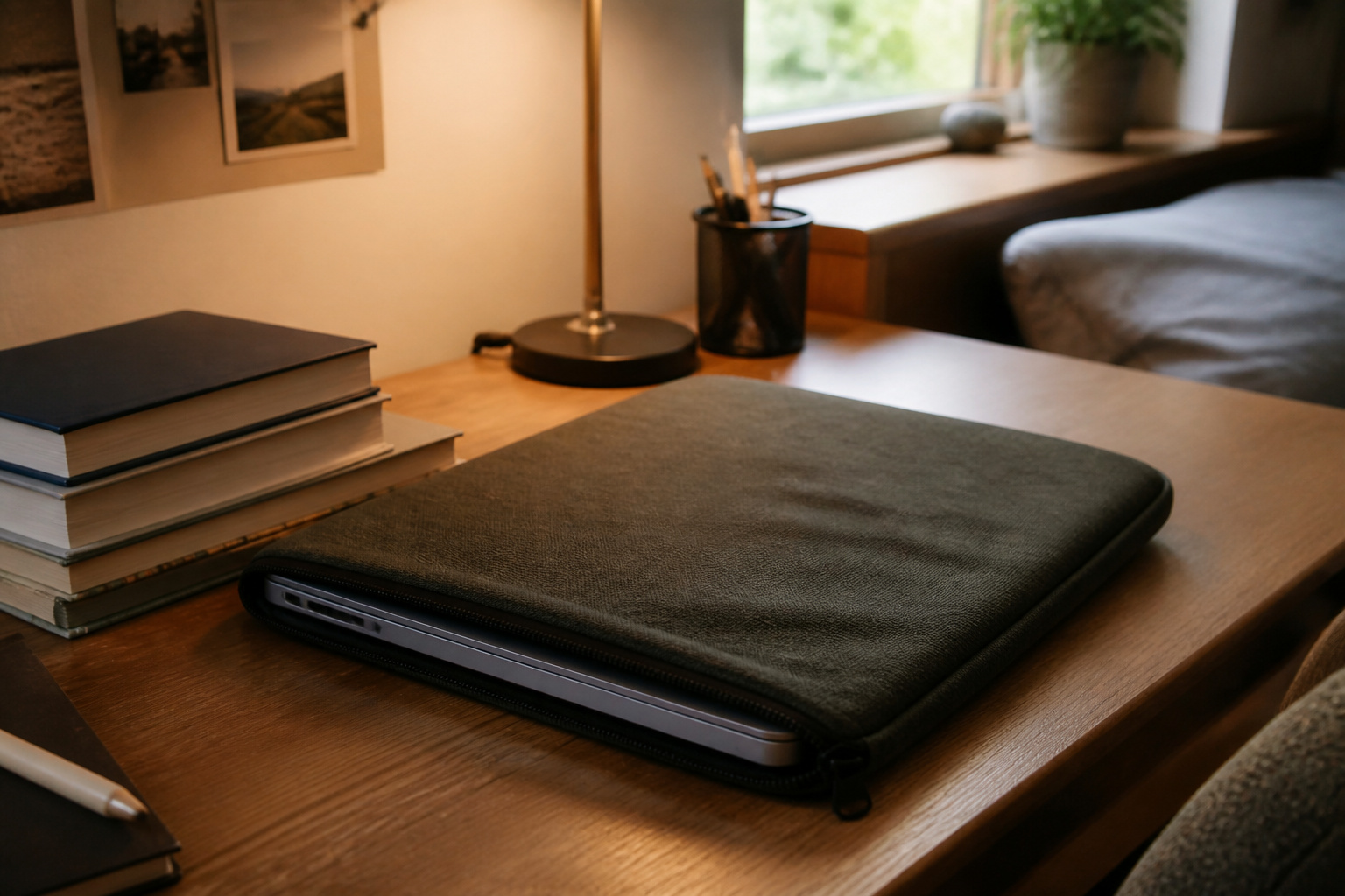 Sturdy laptop in a sleeve beside textbooks