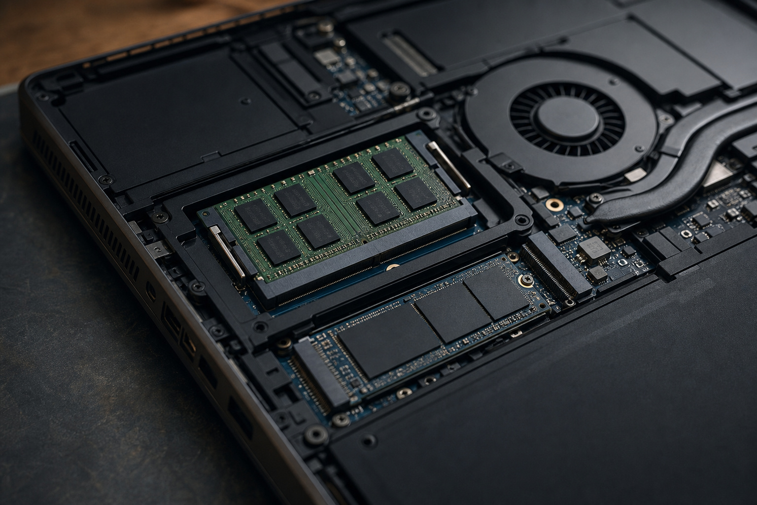 Laptop opened to show memory and an SSD