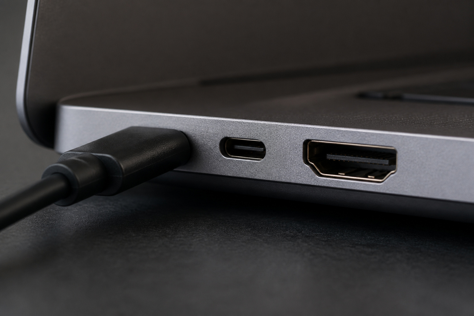 Laptop USB-C and HDMI ports with a cable plugged in