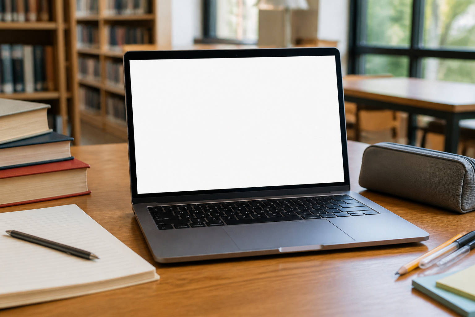 Student laptop on a library desk