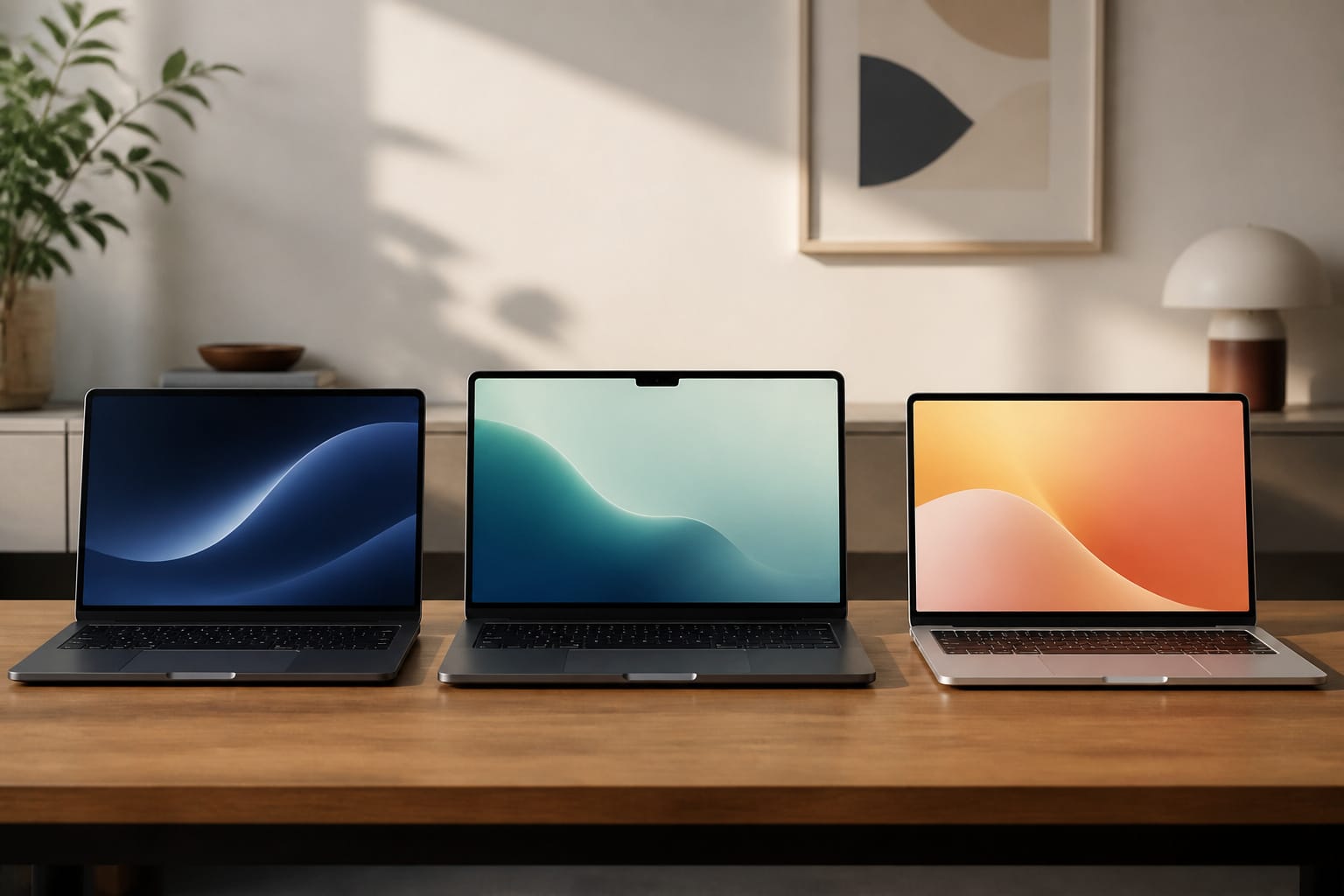 Three different laptops side by side on a table