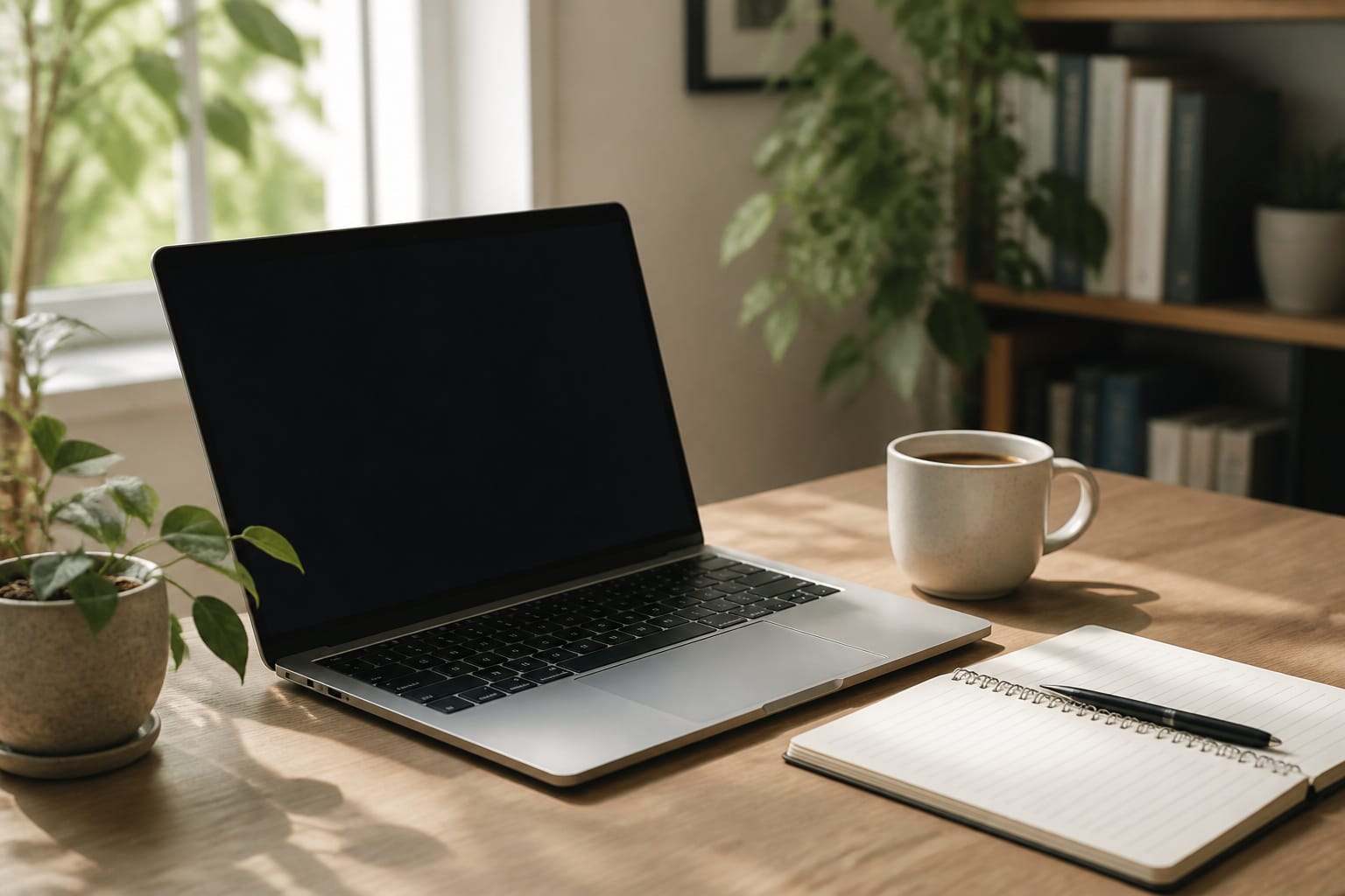 Laptop on a desk with a notebook and coffee