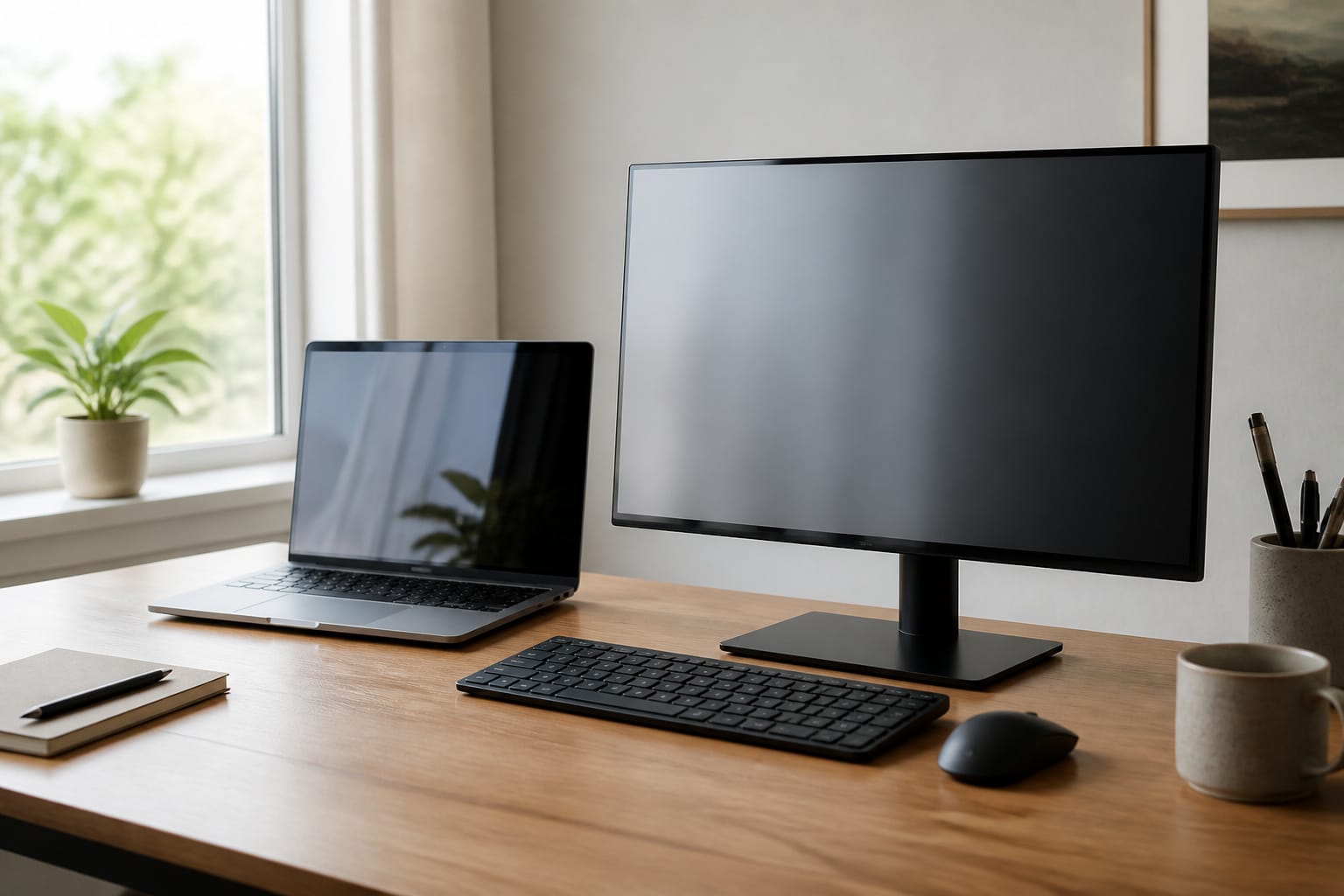 Laptop and desktop setup on the same desk