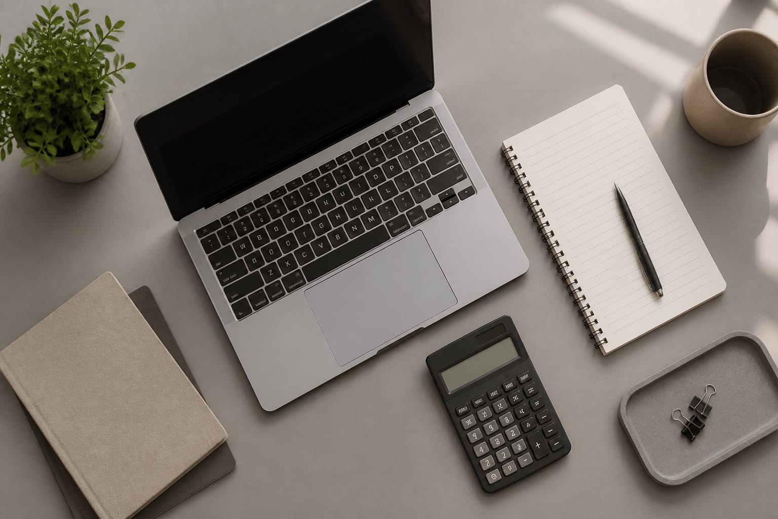Laptop, calculator and notepad on a desk