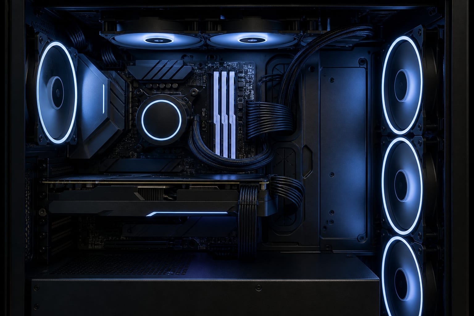 PC case interior with case fans and tidy cables