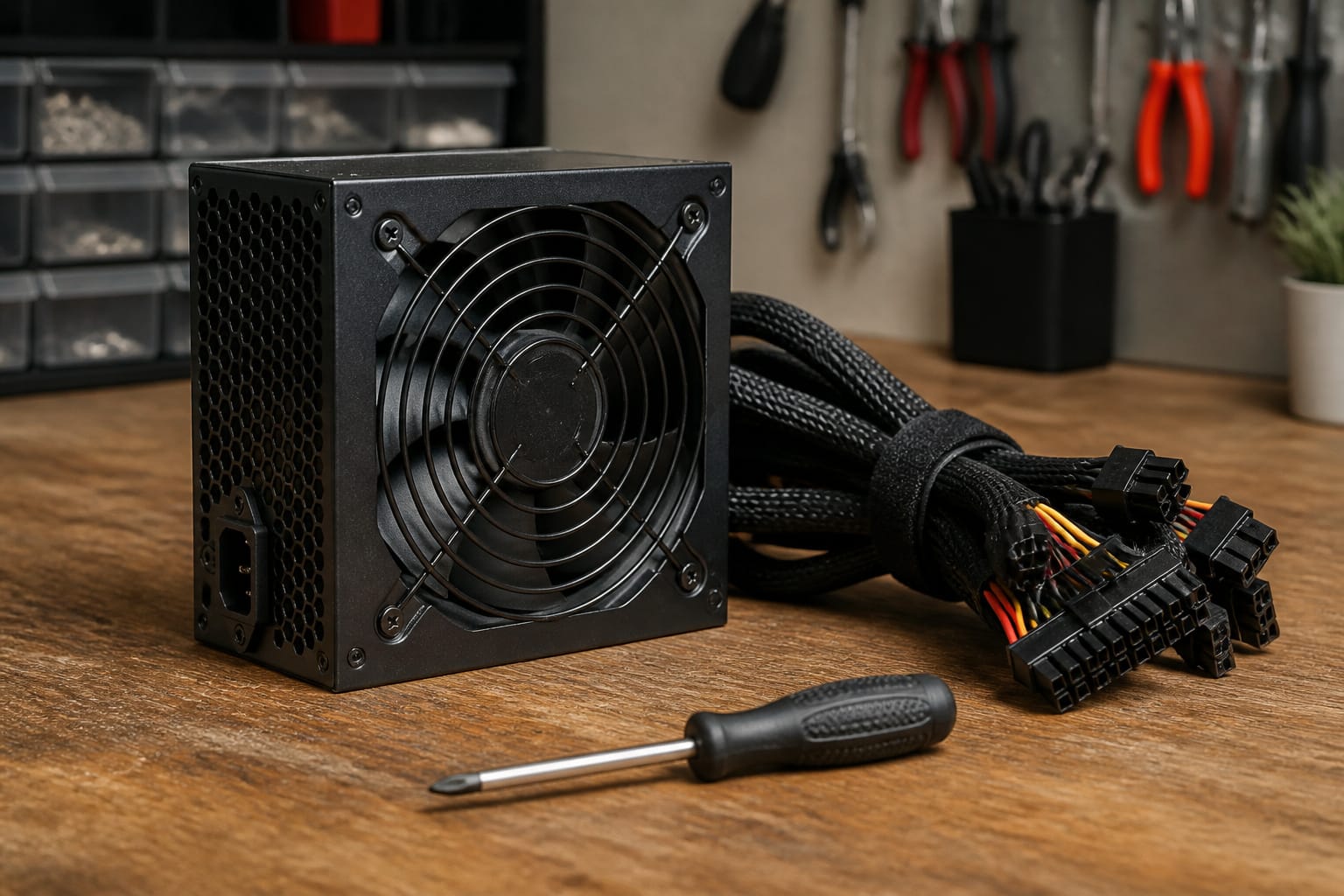 Power supply unit with bundled cables on a workbench