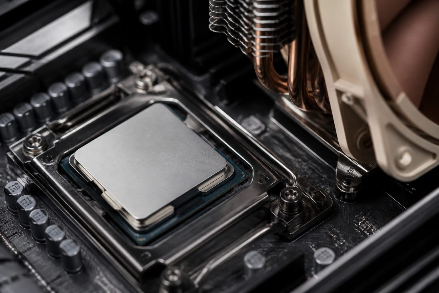 CPU in a motherboard socket with a cooler beside it