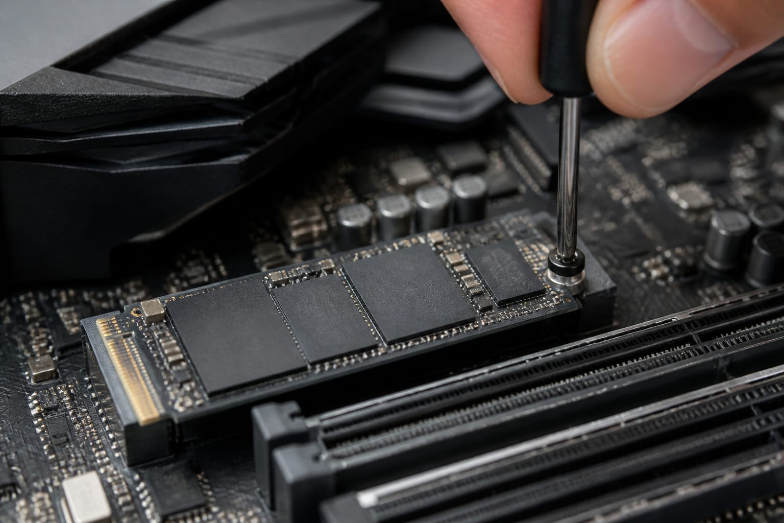 NVMe SSD being installed on a motherboard