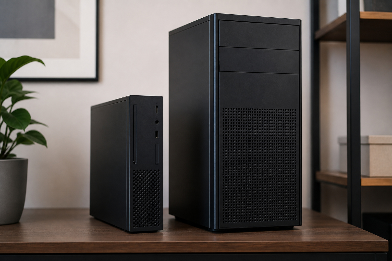 Small-form-factor and tower desktops side by side