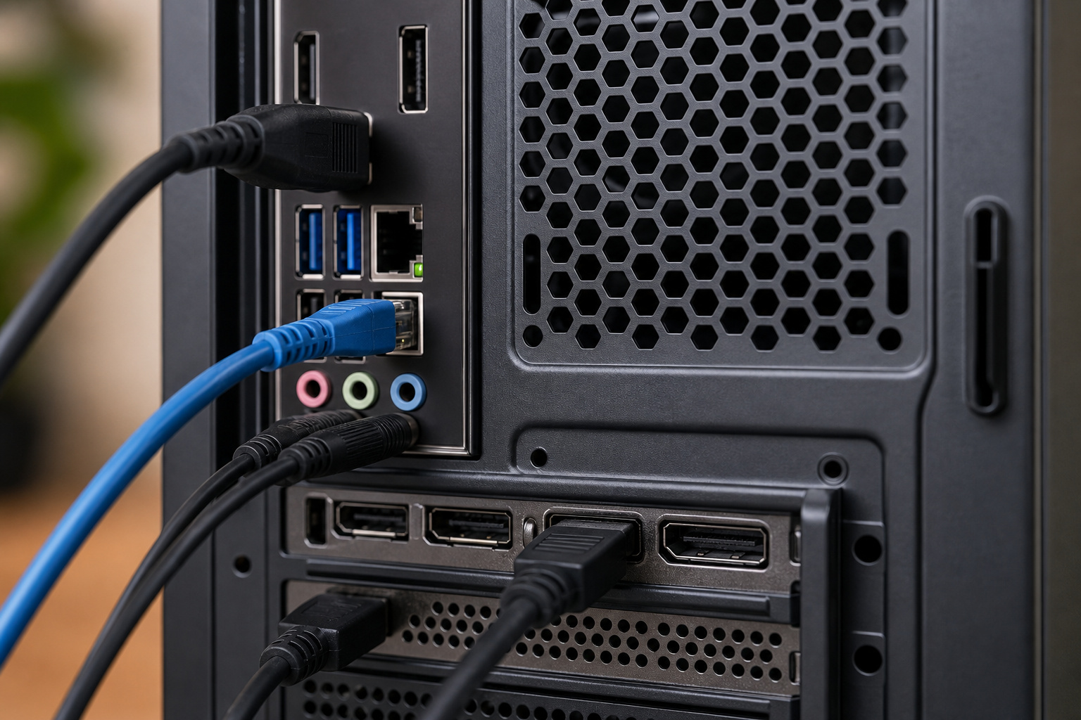 Back of a desktop computer with neatly connected cables