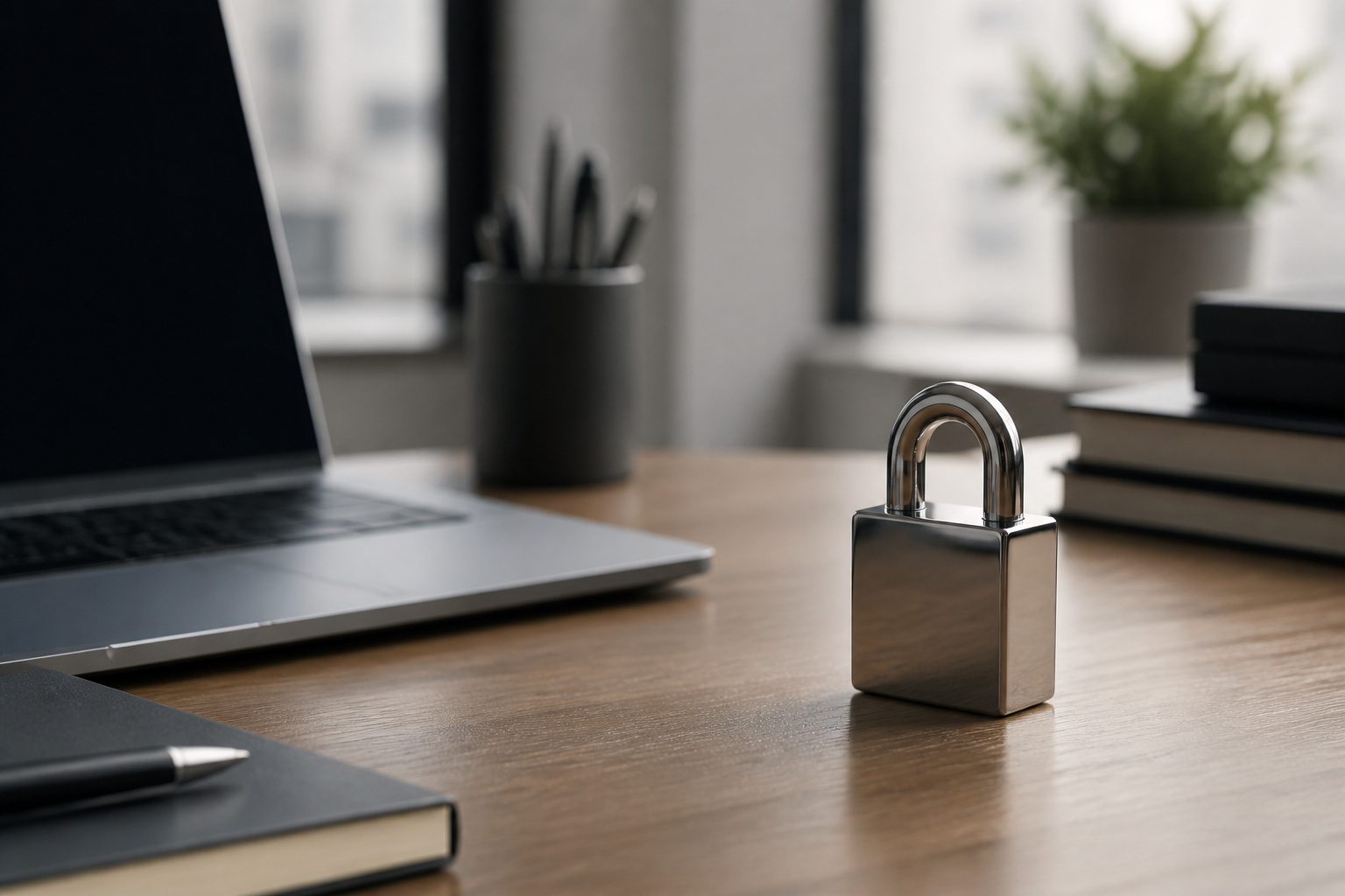Business desktop with a padlock paperweight beside it