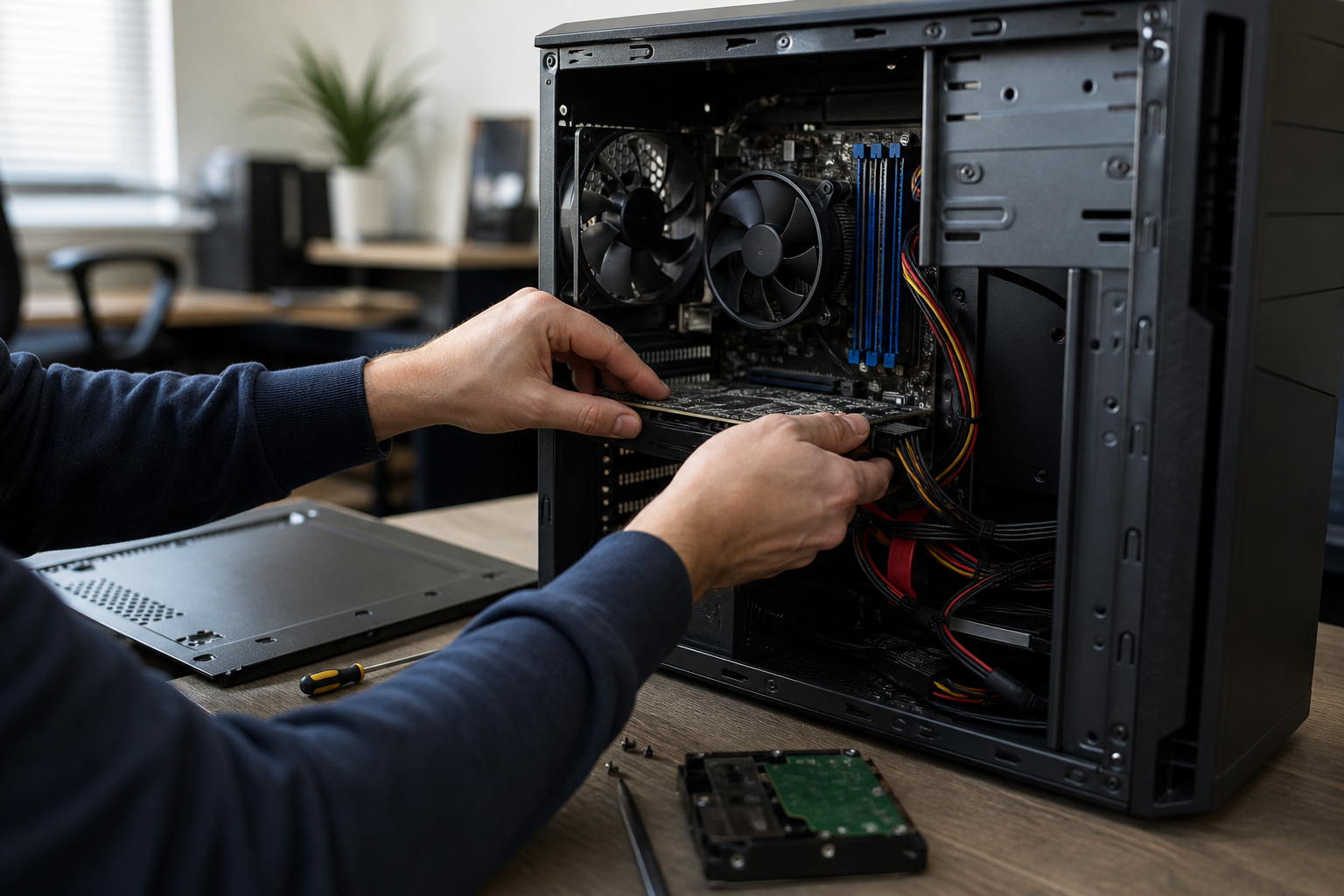 Technician servicing a desktop computer in an office