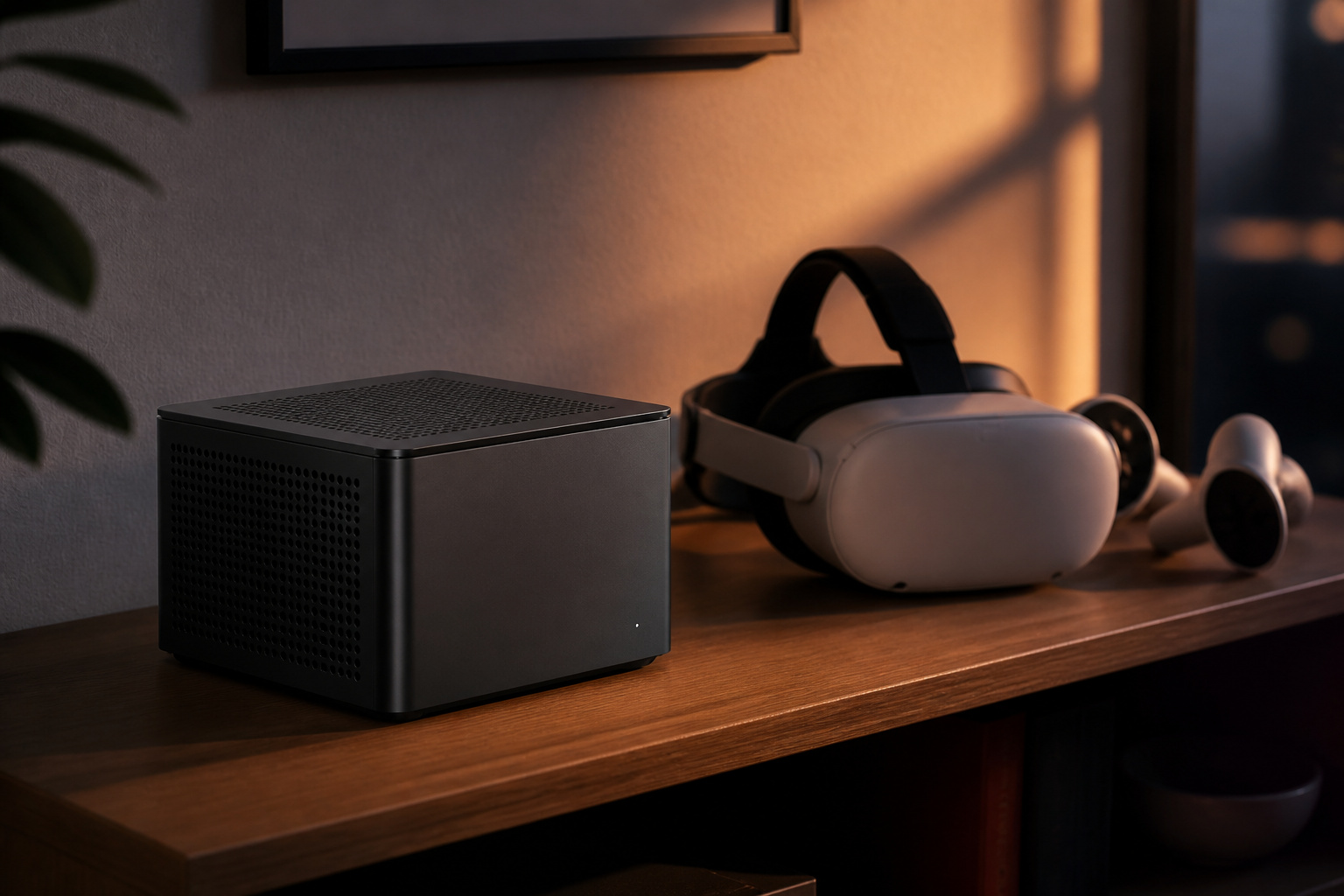 Mini PC beside a VR headset and controllers