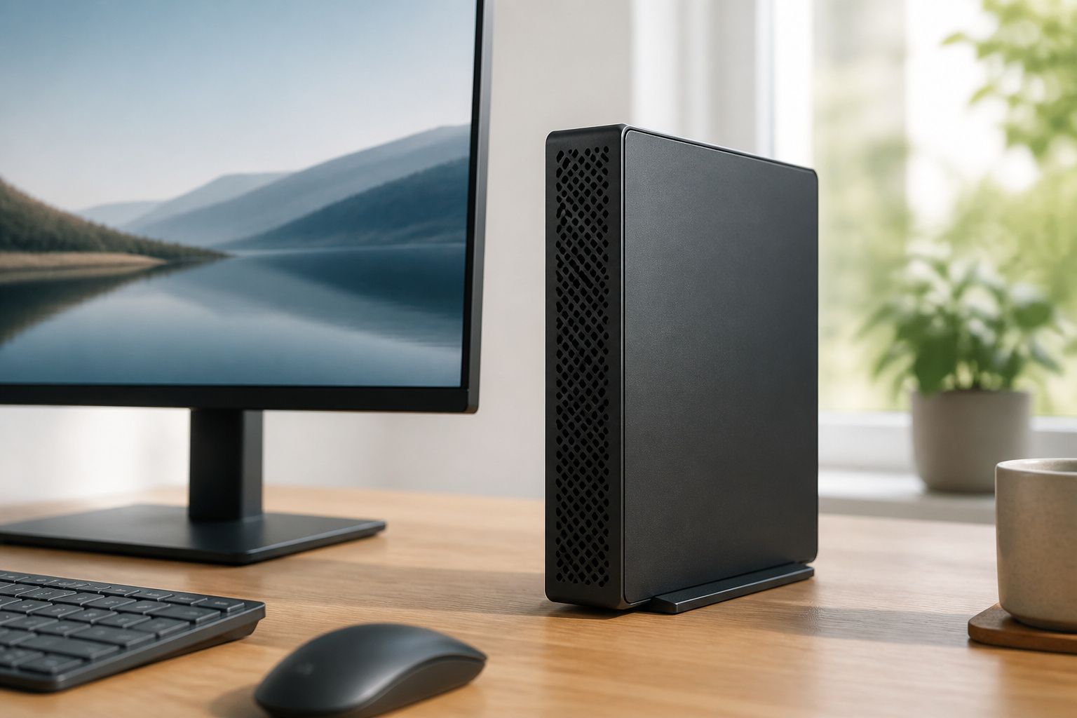 Compact small-form-factor desktop beside a monitor