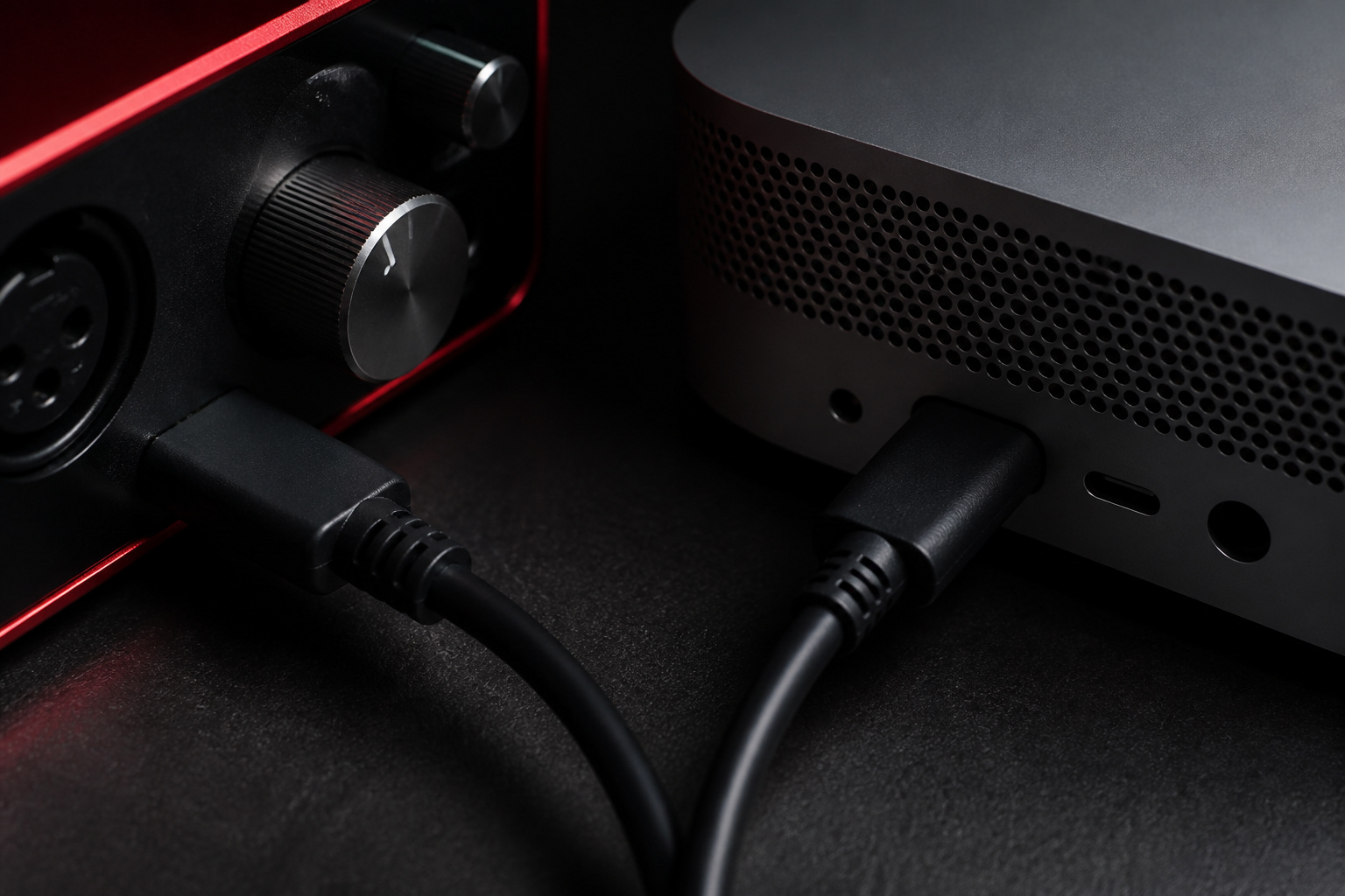 USB cables connected to an audio interface and computer