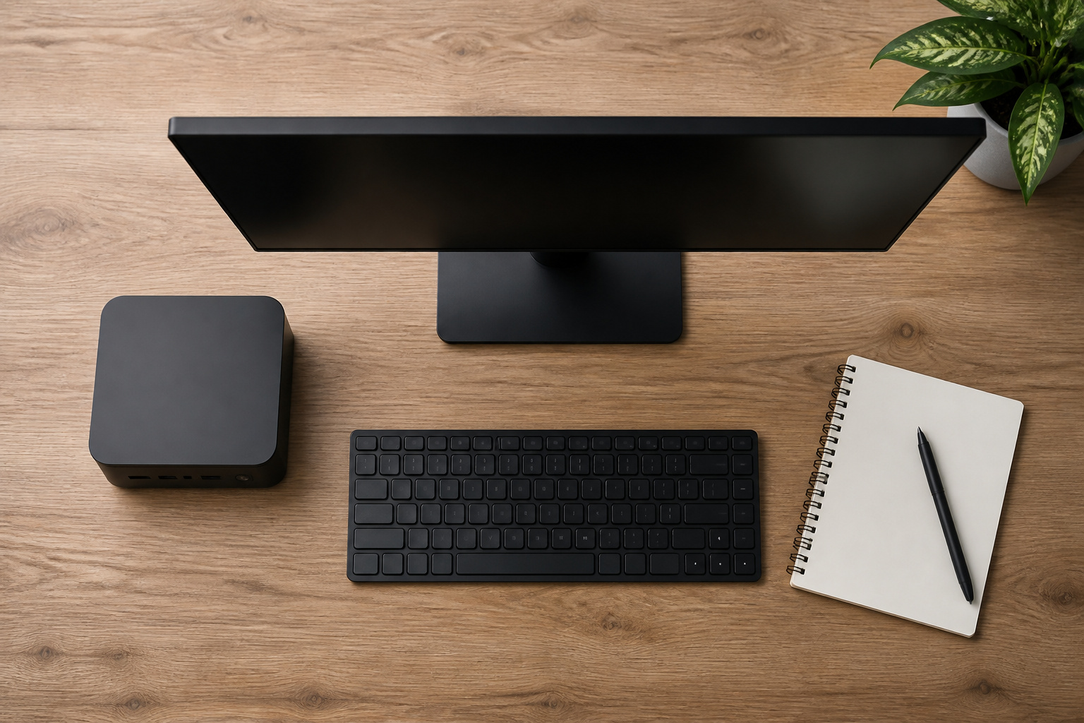 Mini PC, keyboard and monitor laid out on a table