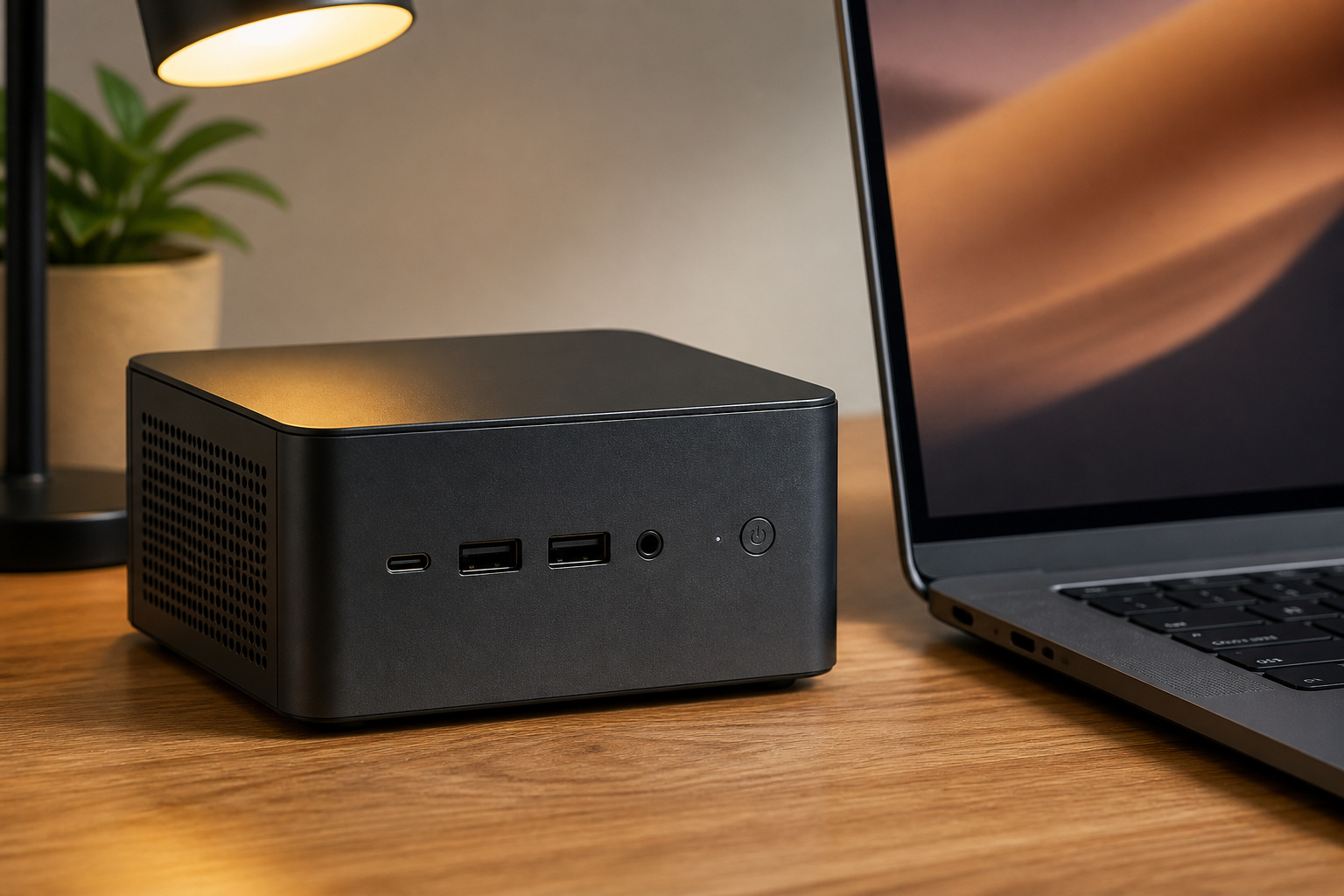 Mini PC beside a laptop on a studio desk