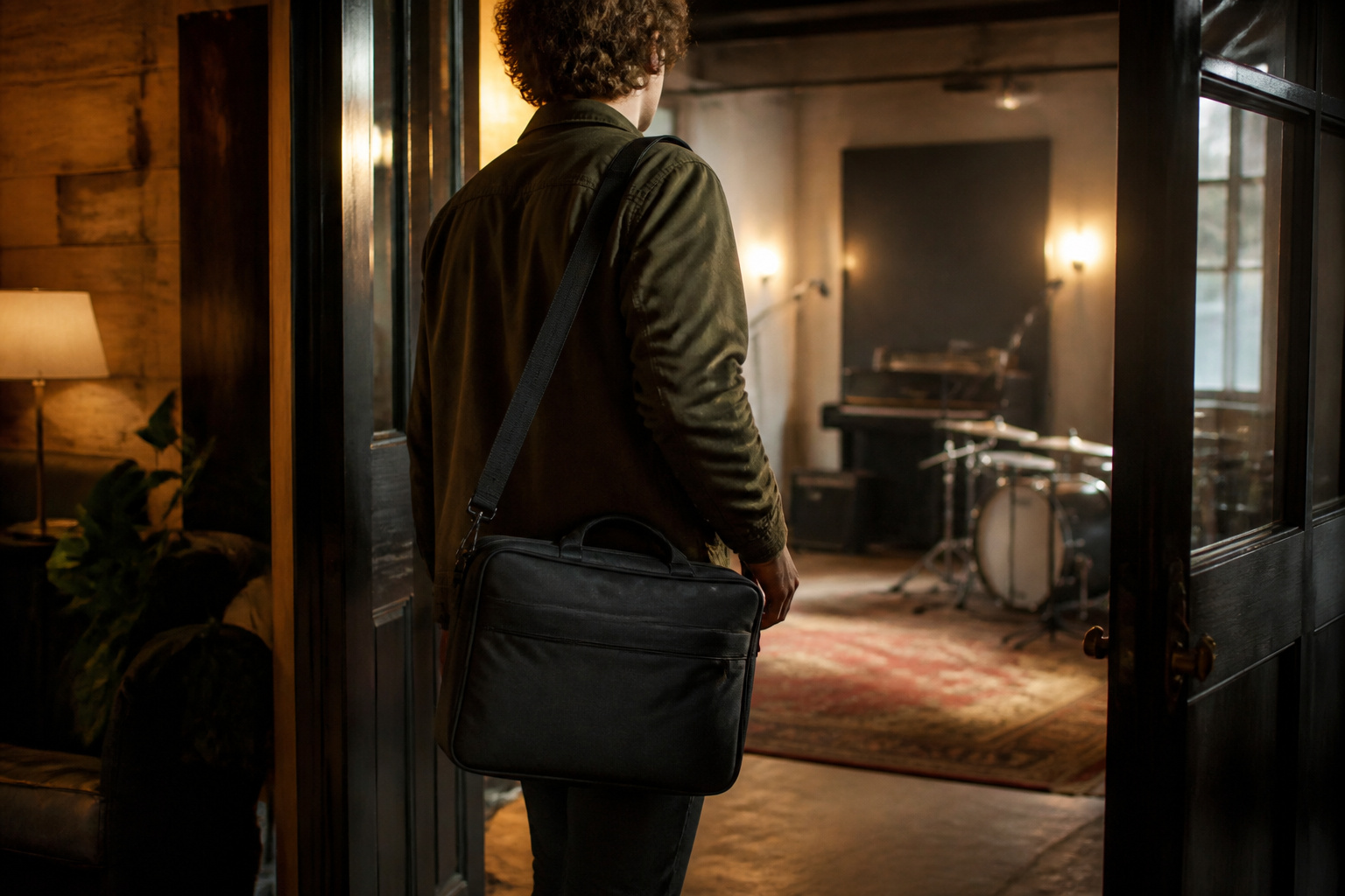 Musician carrying a laptop bag into a rehearsal space