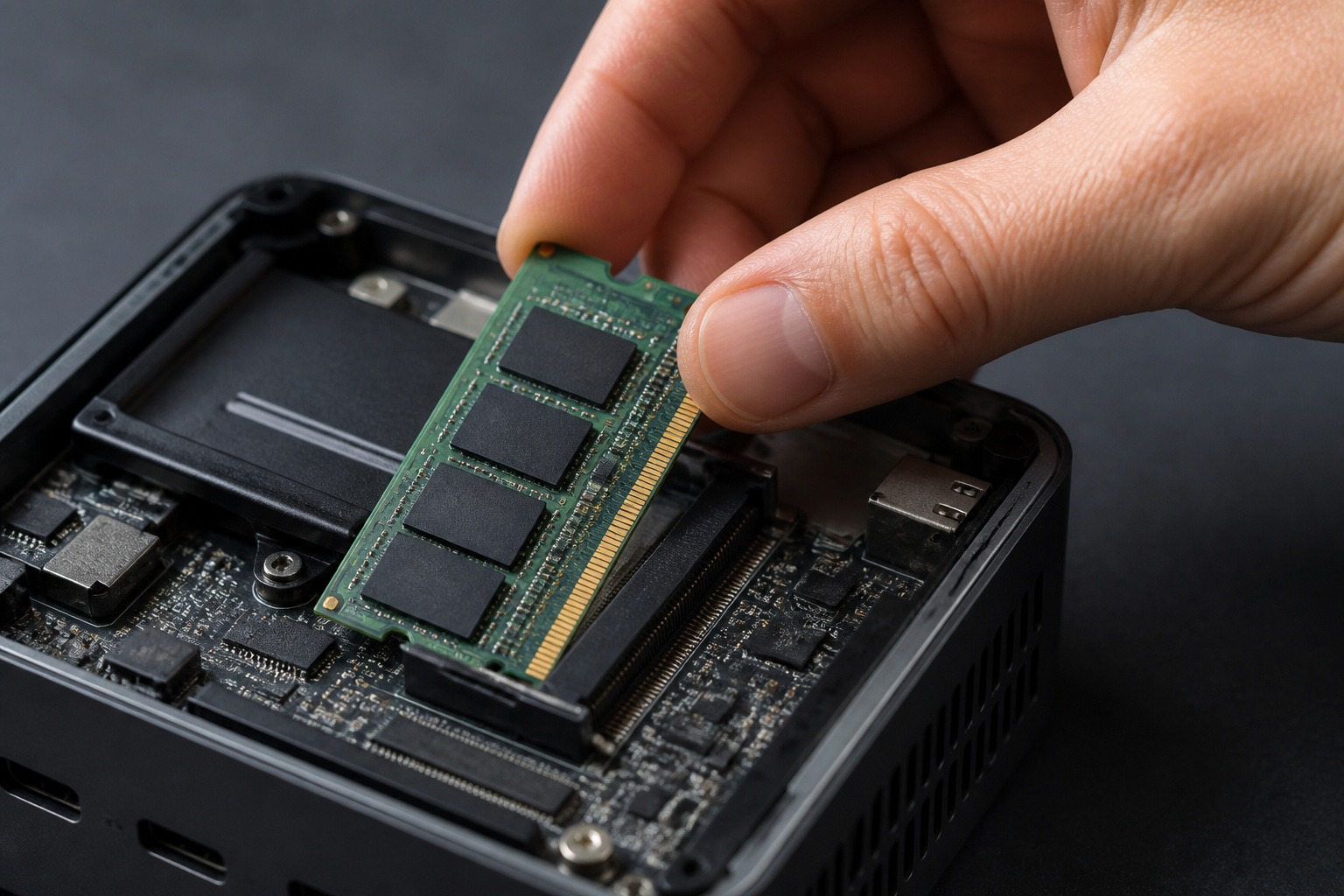 Hand installing RAM into an opened mini PC