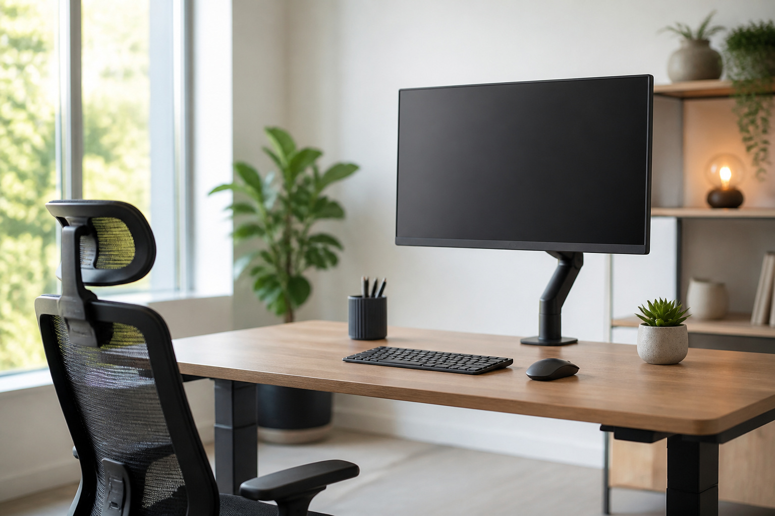 Ergonomic desk with a monitor at eye level