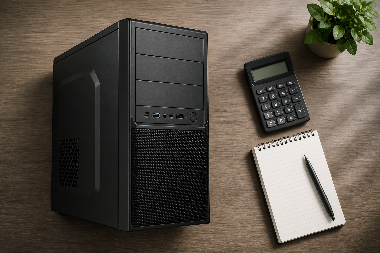 Desktop PC tower beside a calculator and notepad