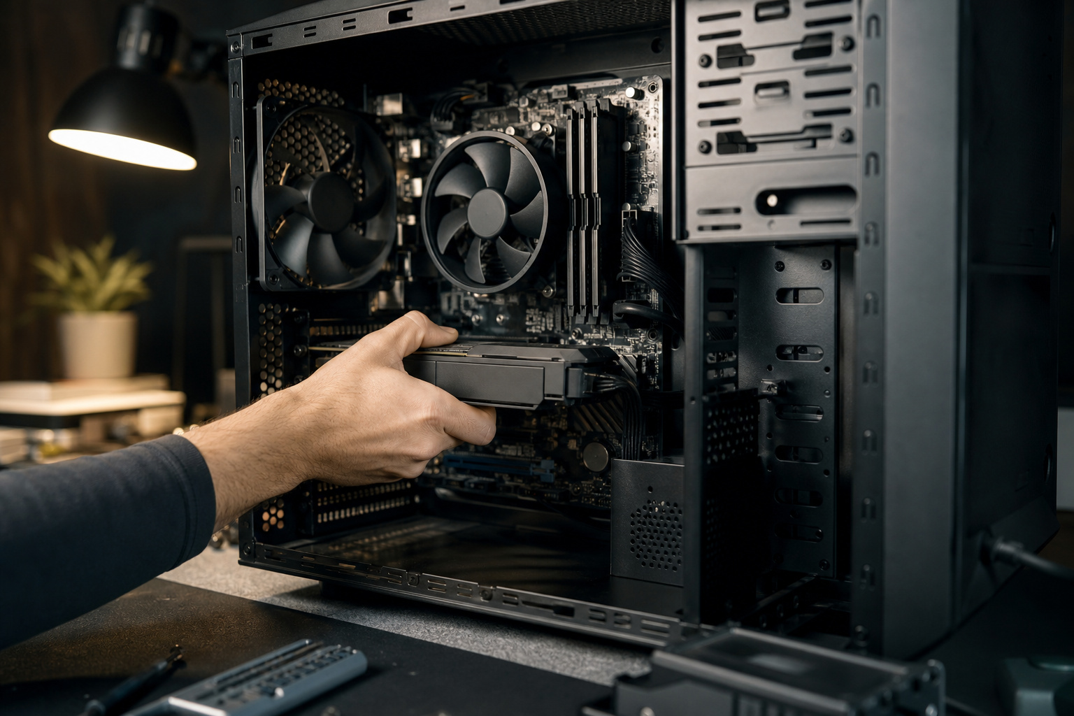 Hand installing a part in an open desktop PC case