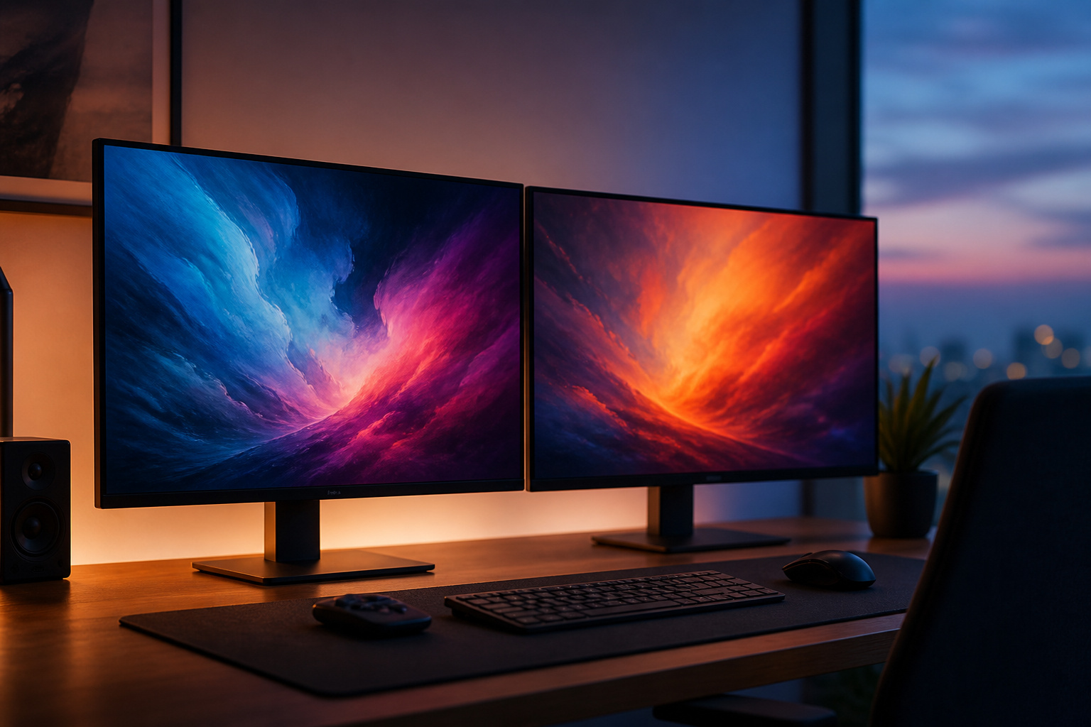Dual-monitor desktop setup in evening light