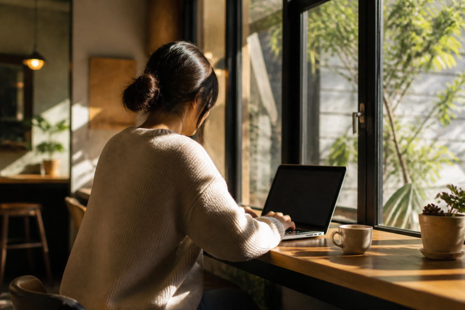 Person working on a laptop in a sunlit cafe