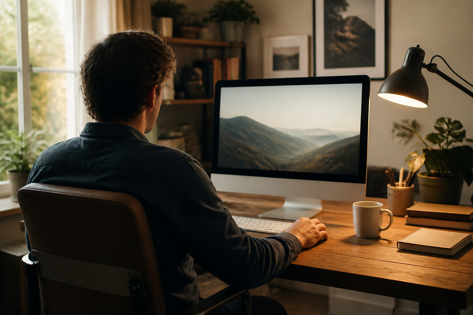 Person at a home office desktop computer