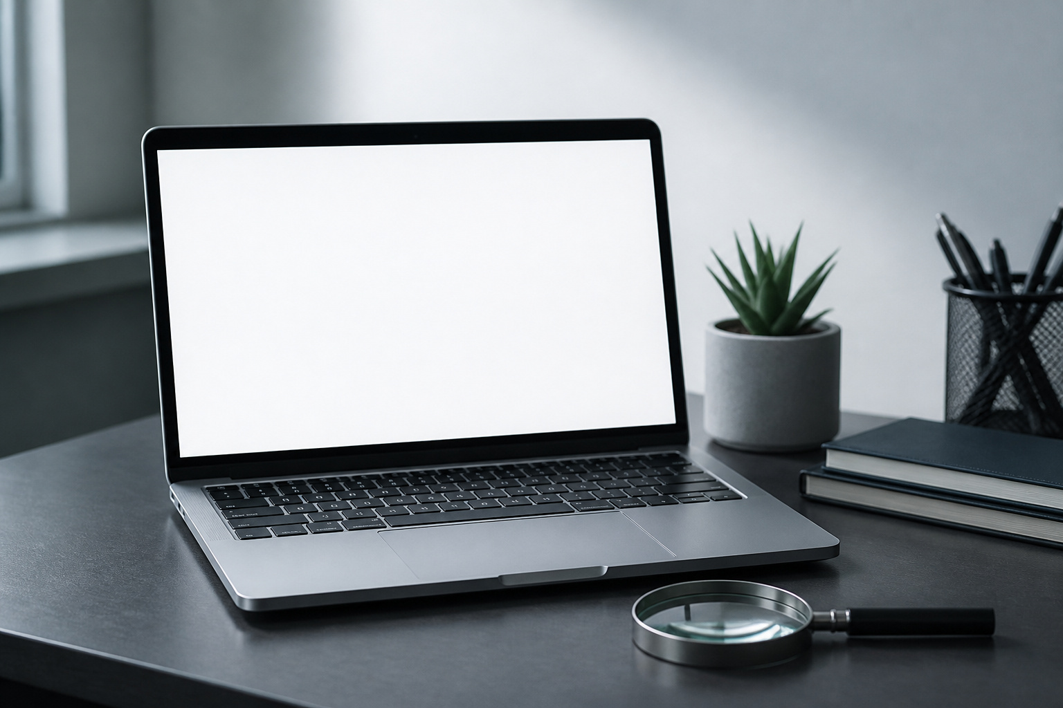 Laptop with a magnifying glass beside it