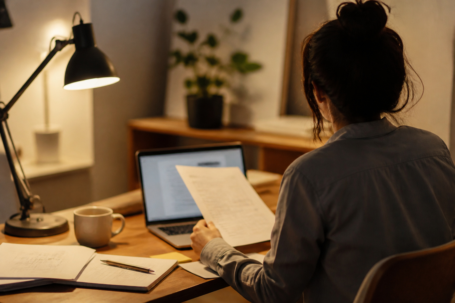Person reviewing papers and a laptop at a desk