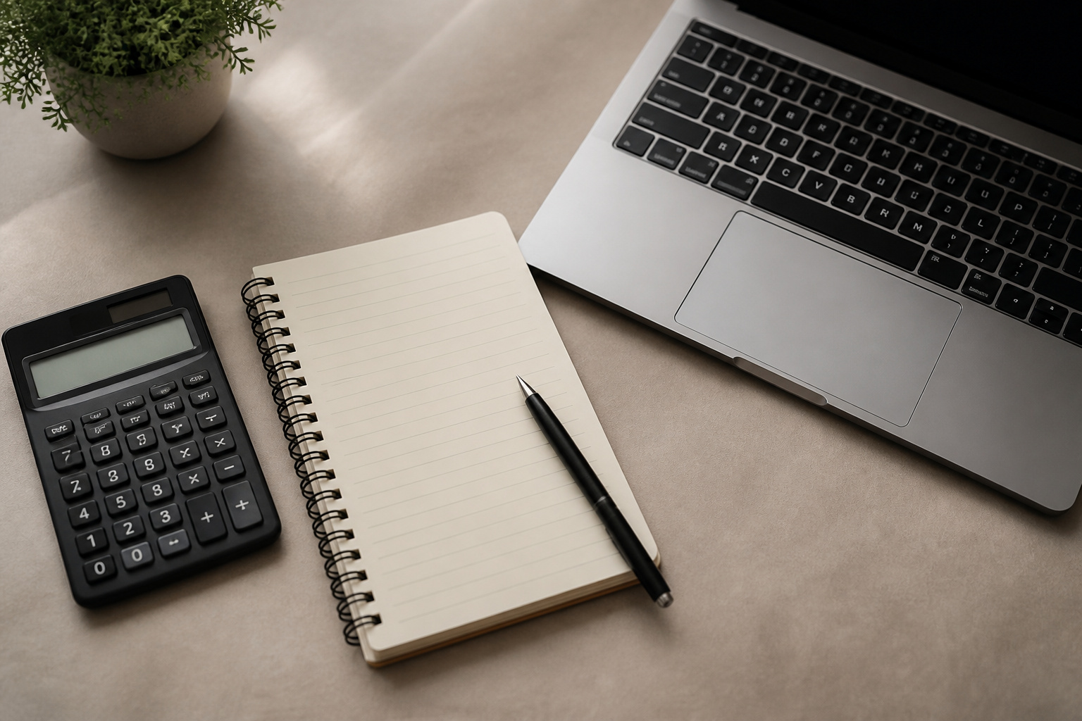 Calculator, notepad and laptop on a desk