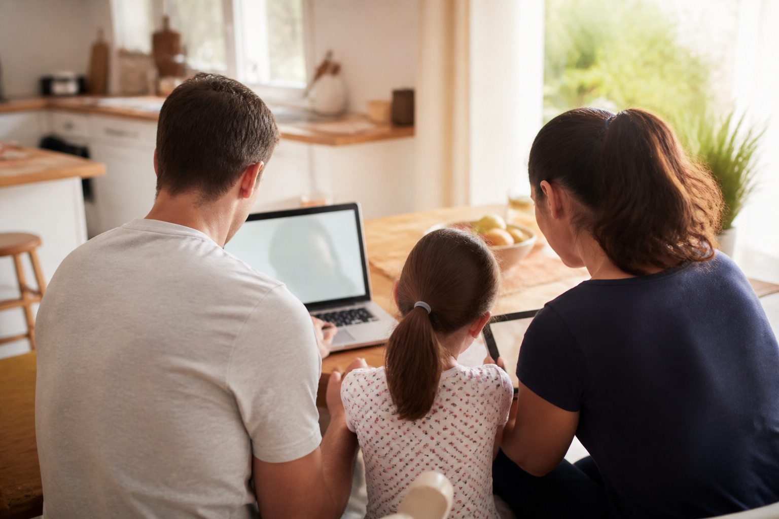 Family using a laptop and tablet at a kitchen table