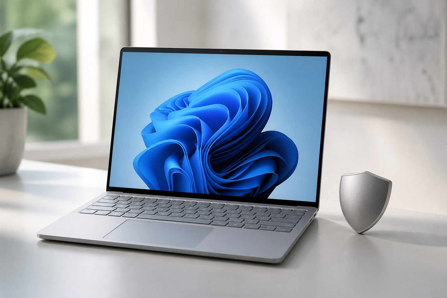 Laptop with a shield-shaped object beside it