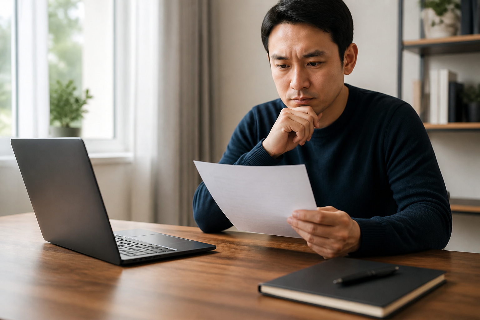 A person reading a company device policy beside a laptop