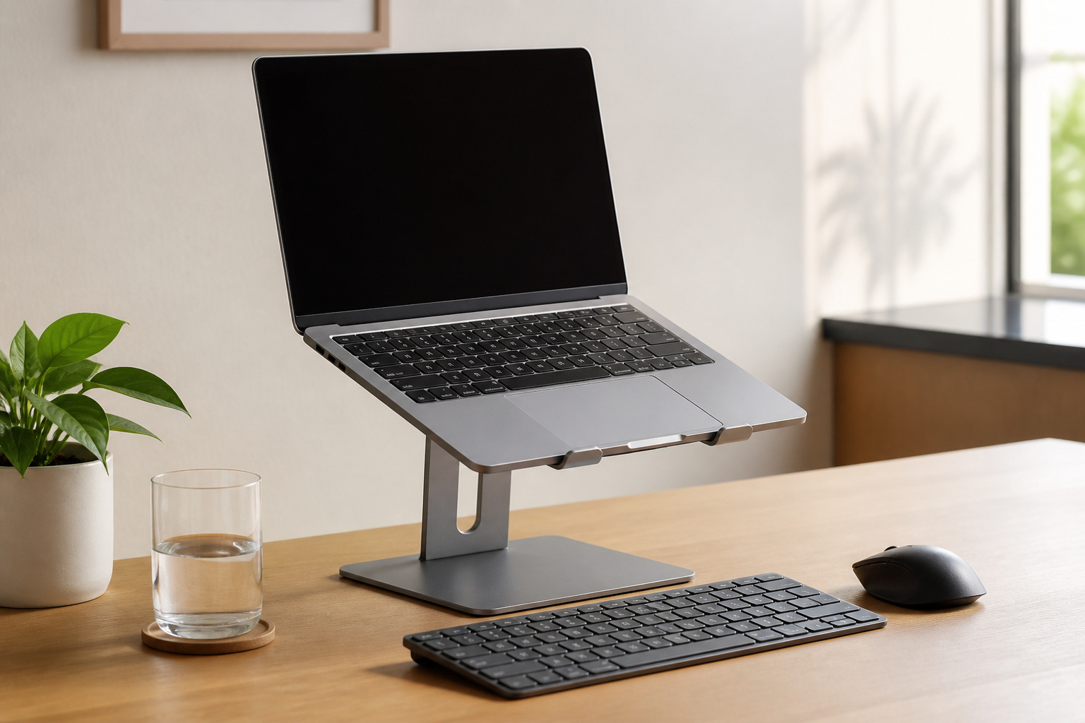 A laptop stand with an external keyboard and mouse