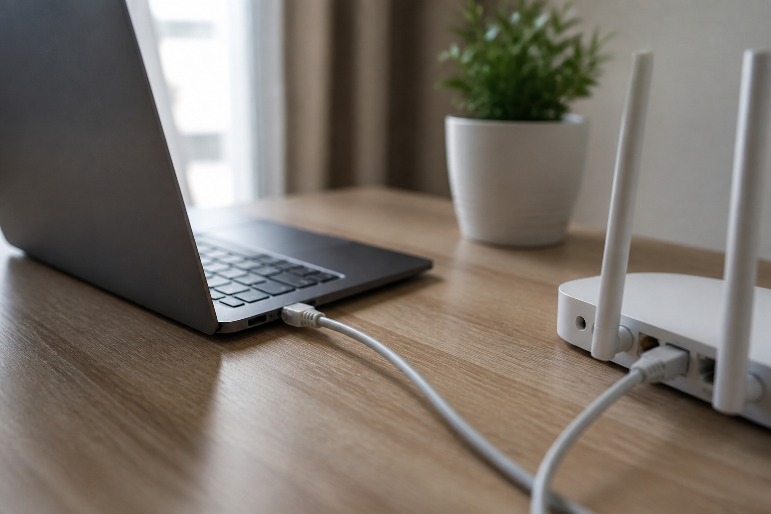 A laptop connected to an Ethernet cable and a router