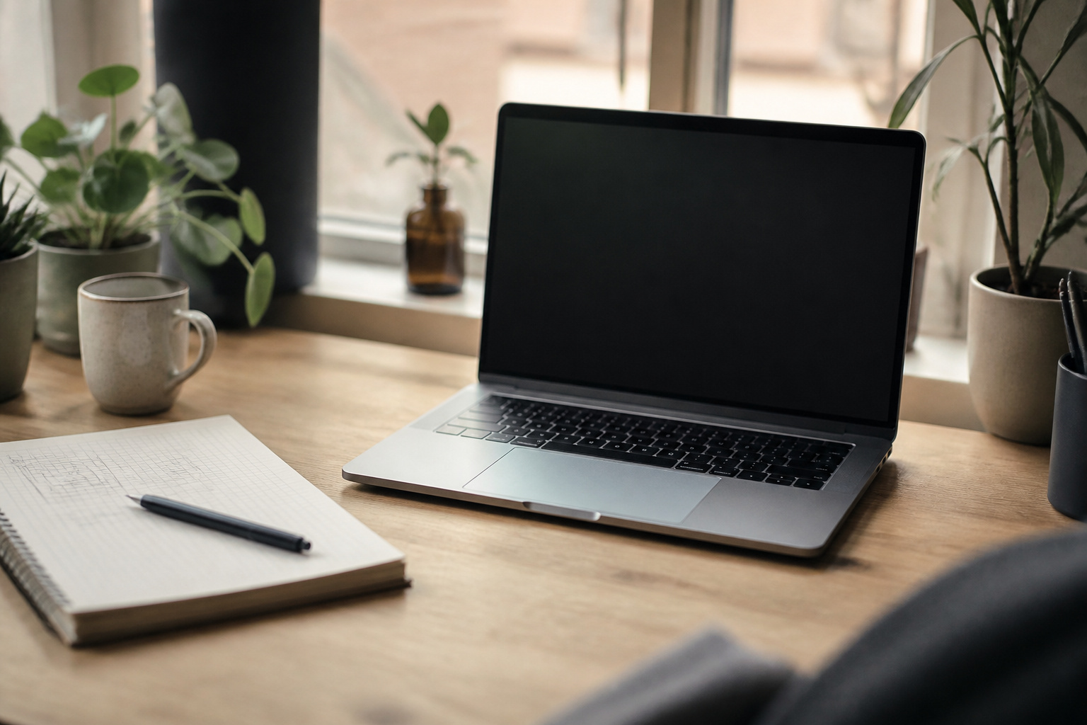 A laptop on a home desk with a notepad of specs