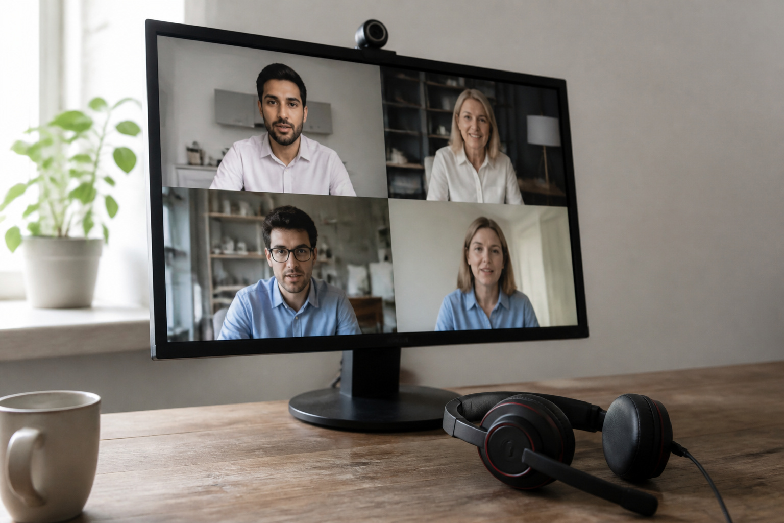 A video call on a monitor with a headset beside it