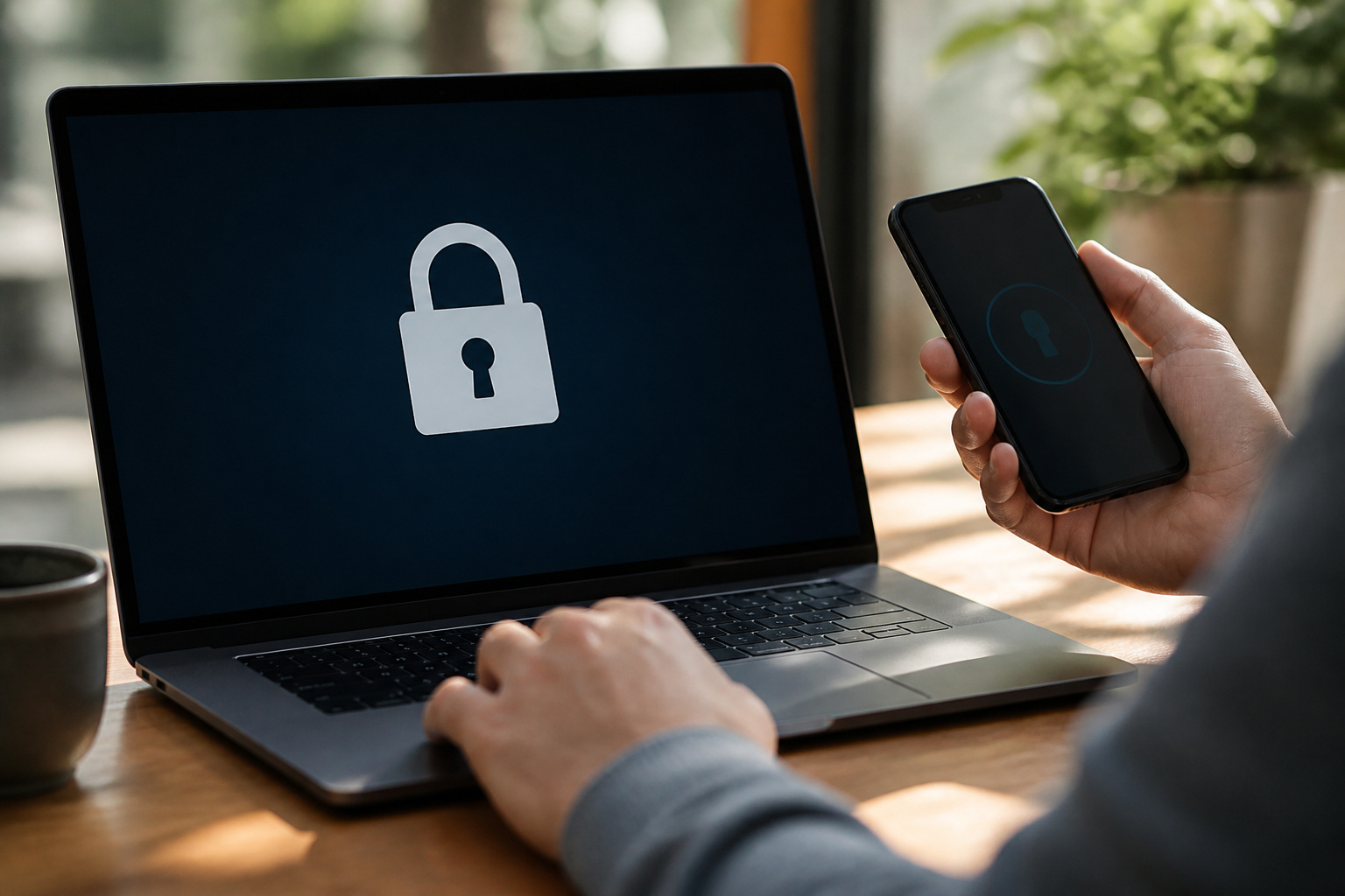 A laptop showing a generic lock icon and a phone for authentication