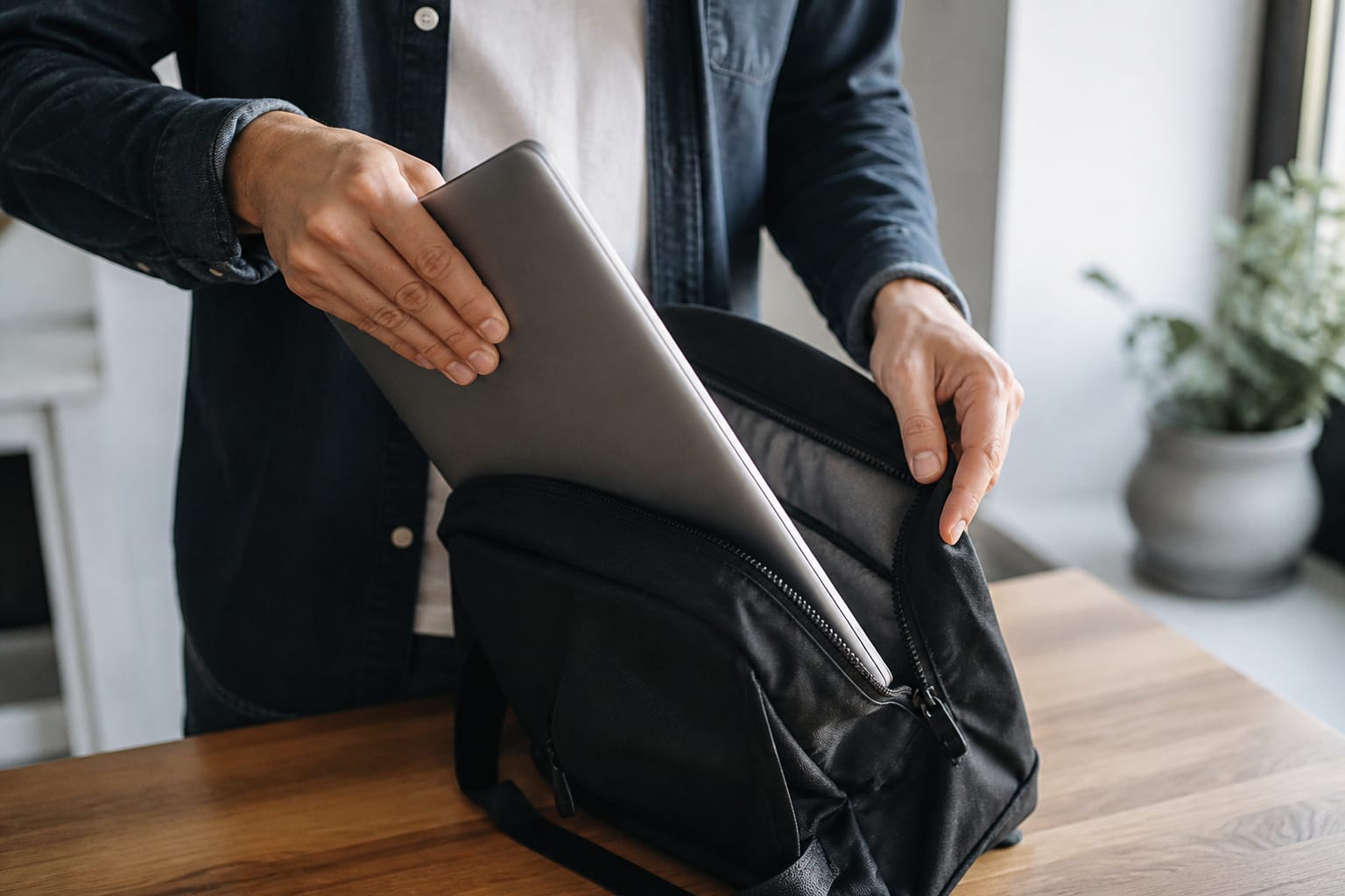 A slim laptop being placed into a backpack
