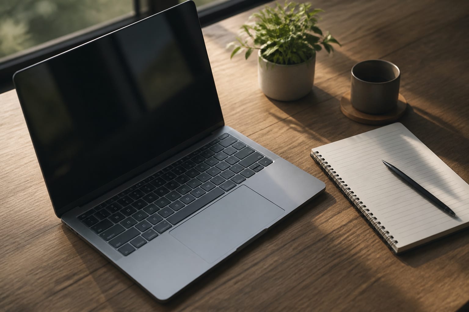 A laptop beside a notepad listing specs