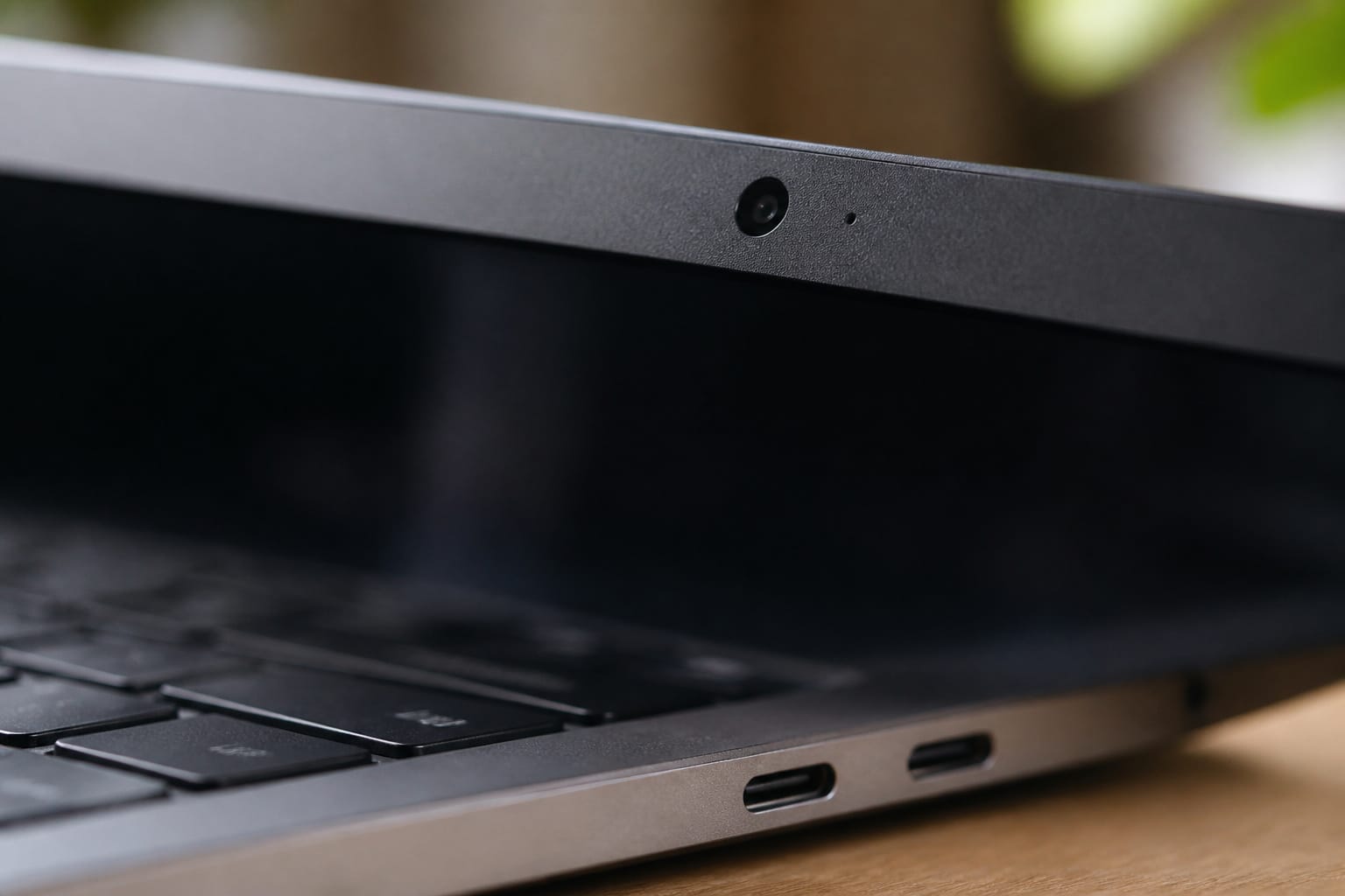 A laptop webcam and USB-C ports in close-up